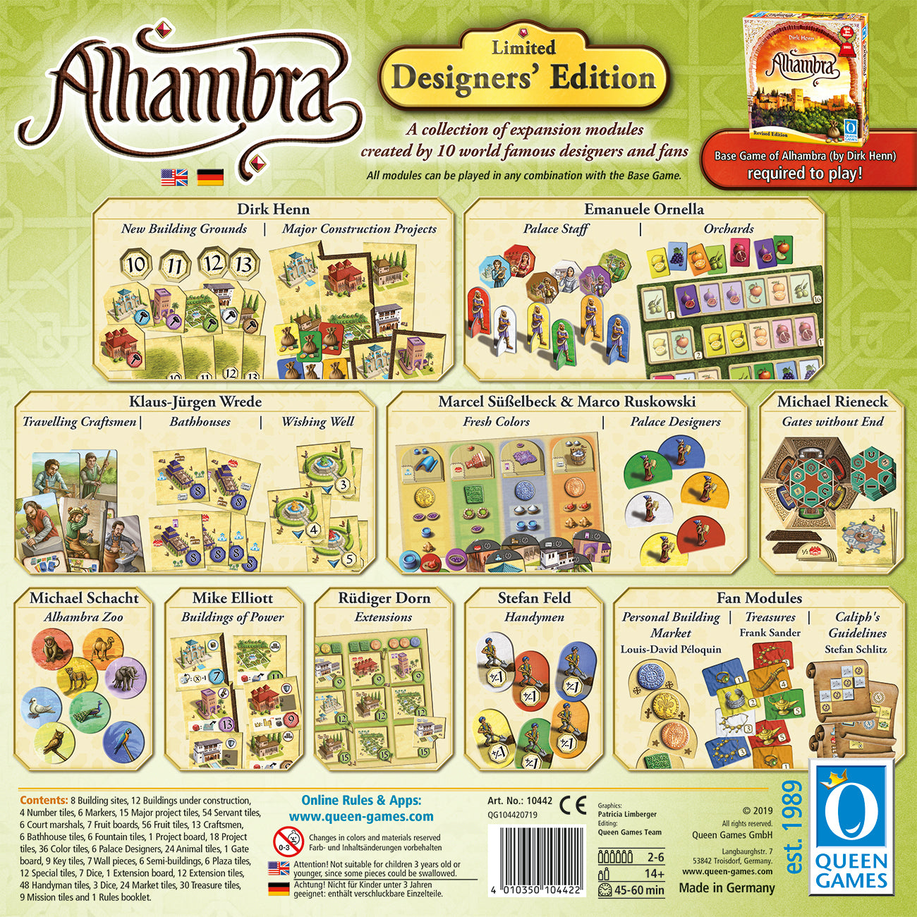 Graphic of back of Alhambra "Designers Edition" game box.