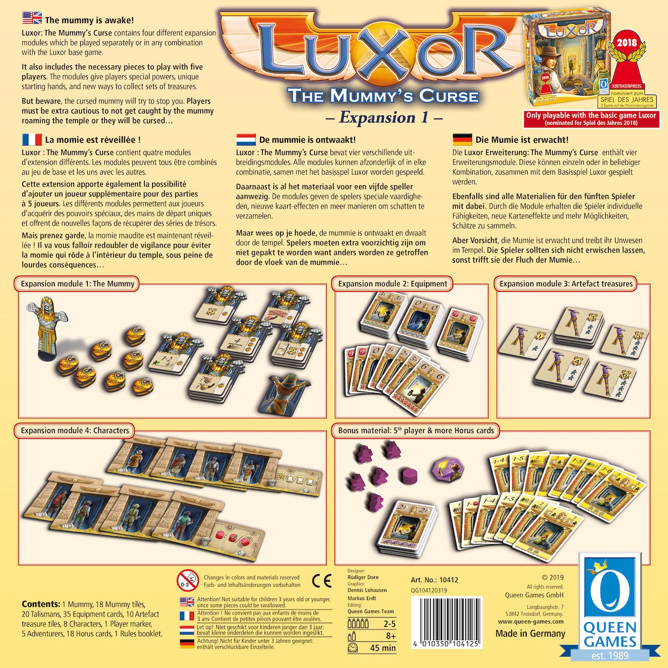 Graphic of back of Luxor - Expansion 1 game box.