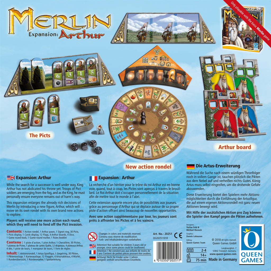 Graphic of back of Merlin - Expansion 1 game box.